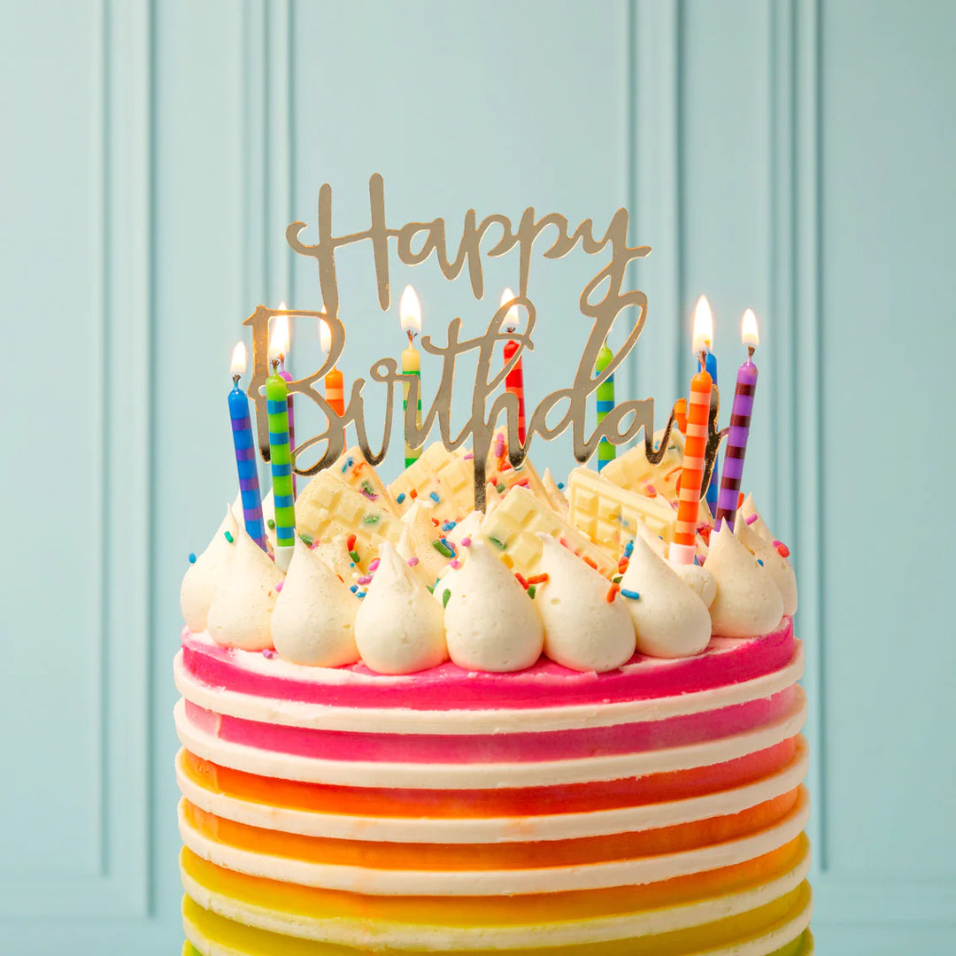 Gold "Happy Birthday" cake topper by Talking Tables, designed by Cornucopia Home and Gift, featuring a stylish Luxe finish.