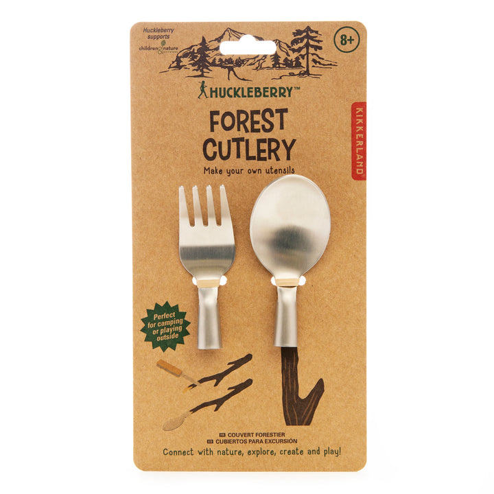 Kikkerland Huckleberry Forest Cutlery set featuring colorful, nature-inspired design with forks, knives, and spoons for outdoor dining.
