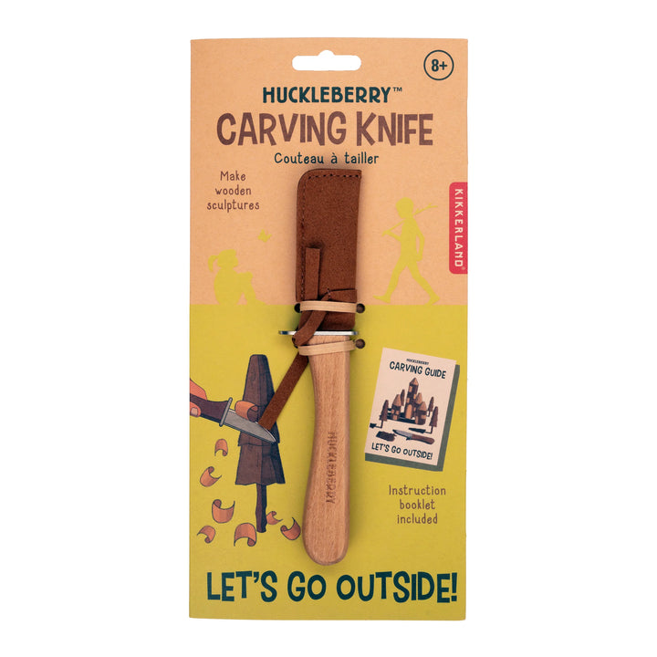 Kikkerland Huckleberry Carving Knife in packaging, with a sleek handle and sharp blade for precise kitchen carving tasks.