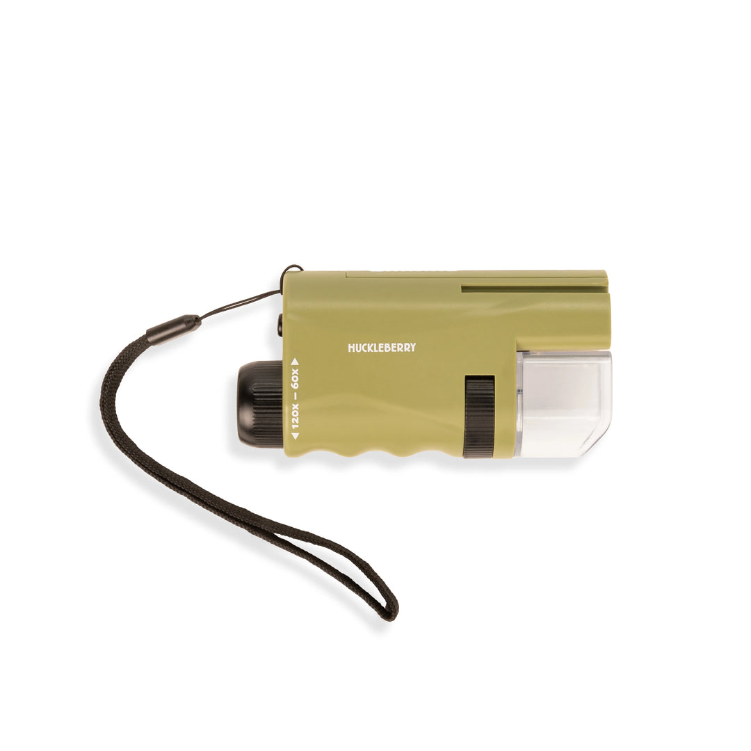 Kikkerland Huckleberry Pocket Microscope with white background, compact handheld science tool for close-up viewing and exploration.