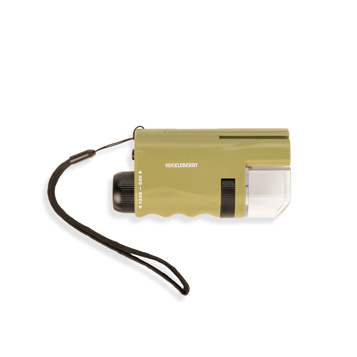 Kikkerland Huckleberry Pocket Microscope with white background, compact handheld science tool for close-up viewing and exploration.