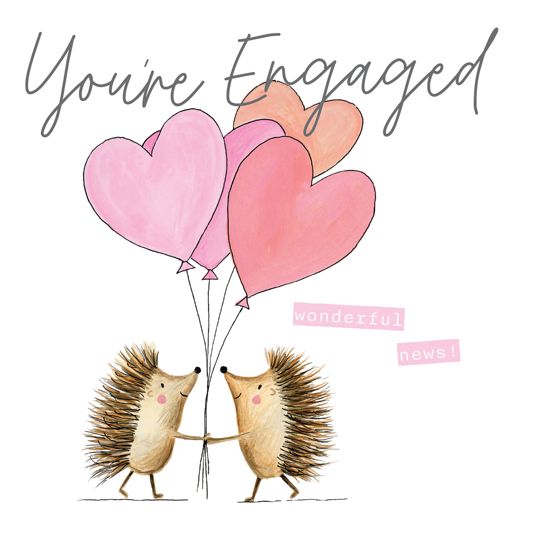Janie Wilson JW You're Engaged Wonderful News Hedgehog card featuring cute hedgehog illustration by Cornucopia Home and Gift.