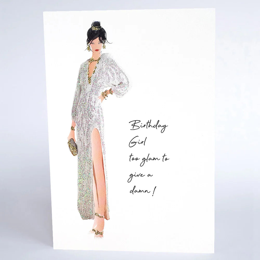 Five Dollar Shake birthday card featuring a "Too Glam To Give A Damn" design, by Cornucopia Home and Gift.
