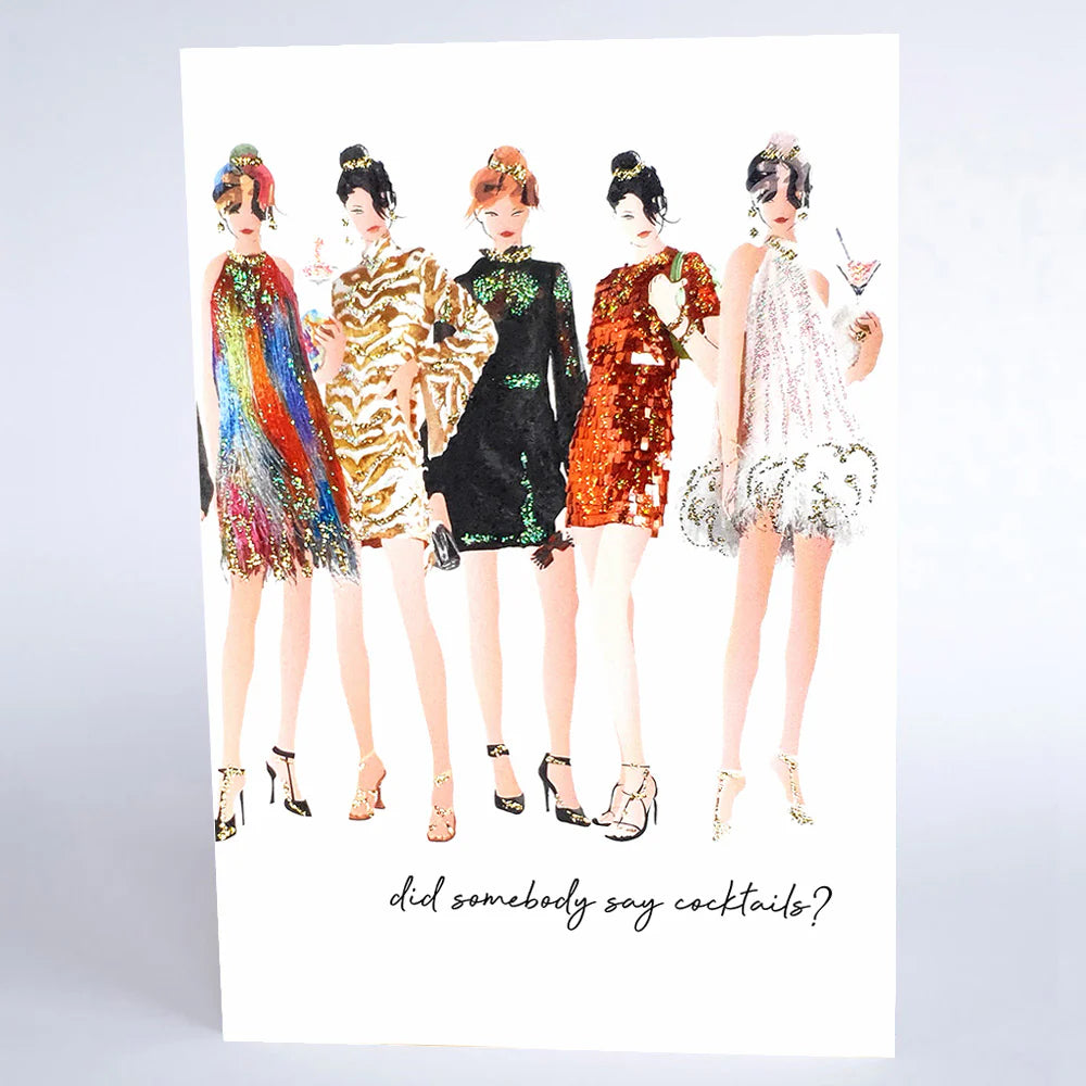 Five Dollar Shake "Did Somebody Say Cocktails?" decorative sign by Cornucopia Home and Gift, featuring colorful cocktail illustrations.