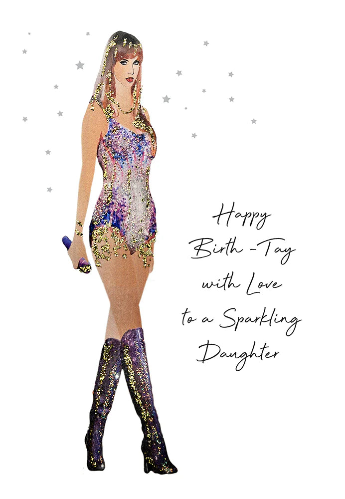 Happy Birth-Tay birthday card by Five Dollar Shake featuring love and sparkle for a daughter, decorated with colorful illustrations.