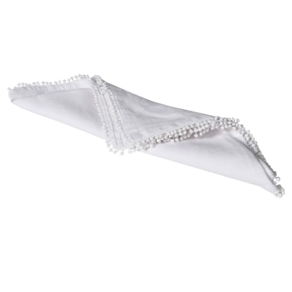 Set of 4 white Coach House napkins by Cornucopia Home and Gift, neatly folded fabric with stitched edges.