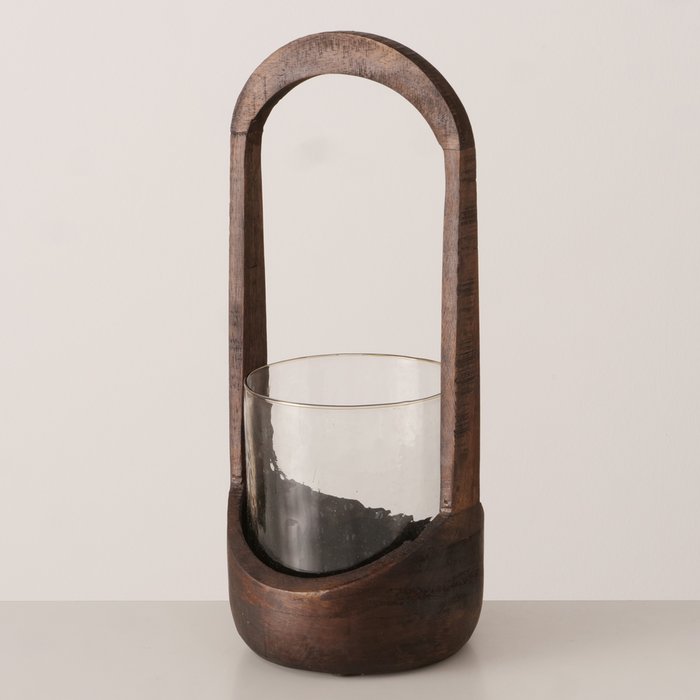 Meola Round Mango Wood and Glass Lantern - 38cm