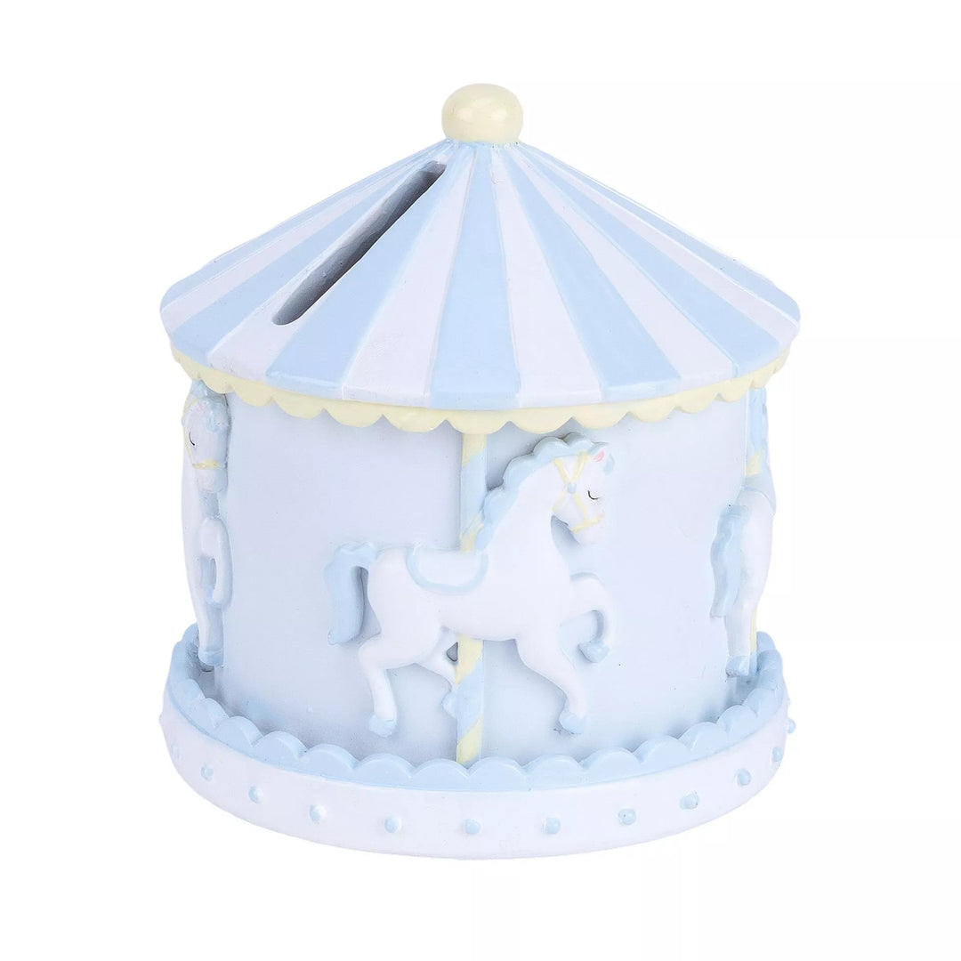 Blue Hello Baby Carousel money box by Widdop & Co, 11cm, featuring a charming carousel design for saving coins.