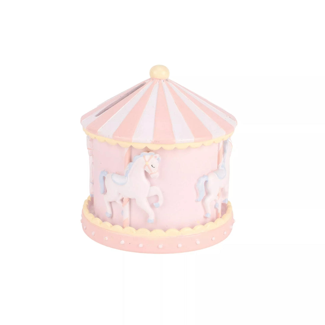 Pink Hello Baby Carousel money box by Widdop & Co, featuring a charming carousel design for saving coins.