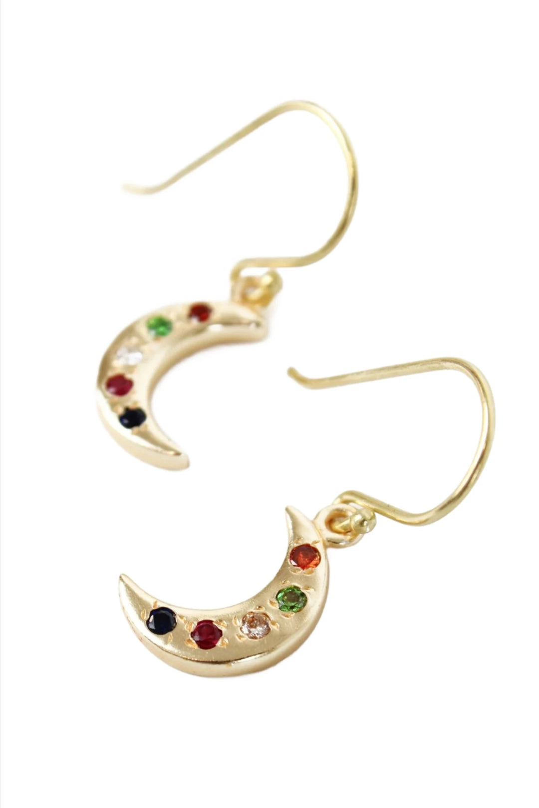 Gold moon gem studded hook earrings by My Doris featuring moon-shaped design with sparkling gemstone accents.