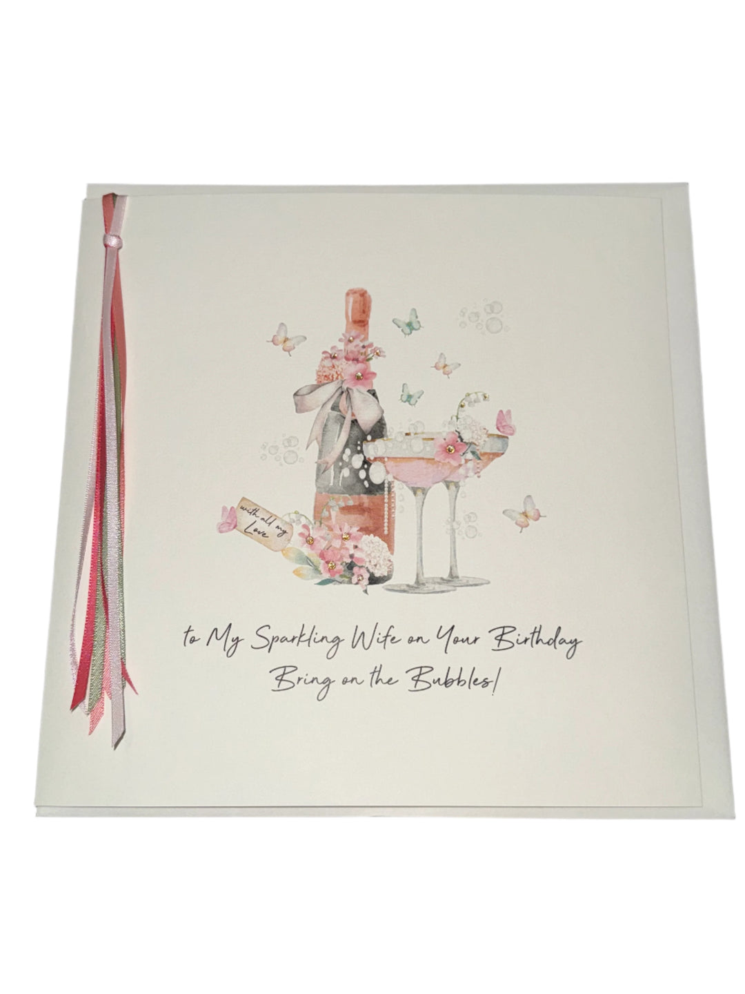 Large sparkling ribbon roses on a "Wife" card by Five Dollar Shake from Cornucopia Home and Gift, featuring elegant floral design.