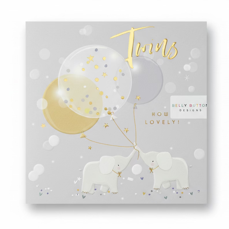 Twins How Lovely! Card - Elephants &amp; Balloons