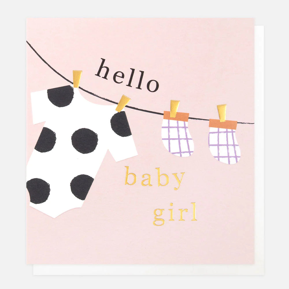 Hello Baby Girl washing line card by Caroline Gardner featuring colorful baby-themed illustrations and playful design.