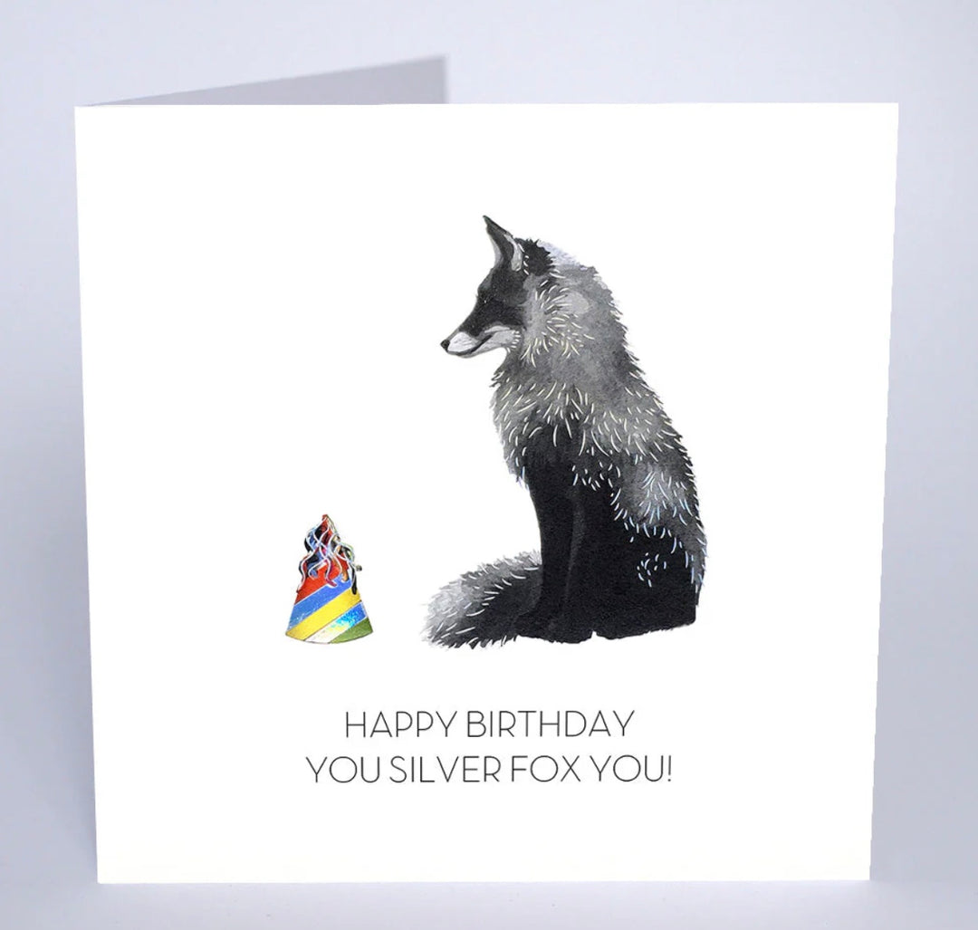 Silver fox birthday greeting card from Five Dollar Shake featuring "Happy Birthday You" design, by Cornucopia Home and Gift.