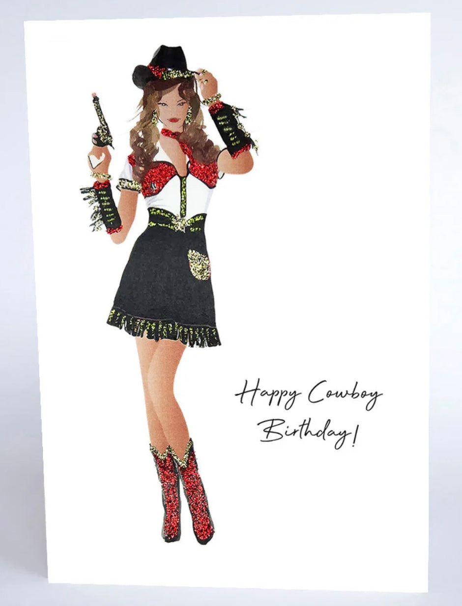 Colorful Happy Birthday cowboy card by Five Dollar Shake for Cornucopia Home and Gift, featuring cowboy-themed birthday design.
