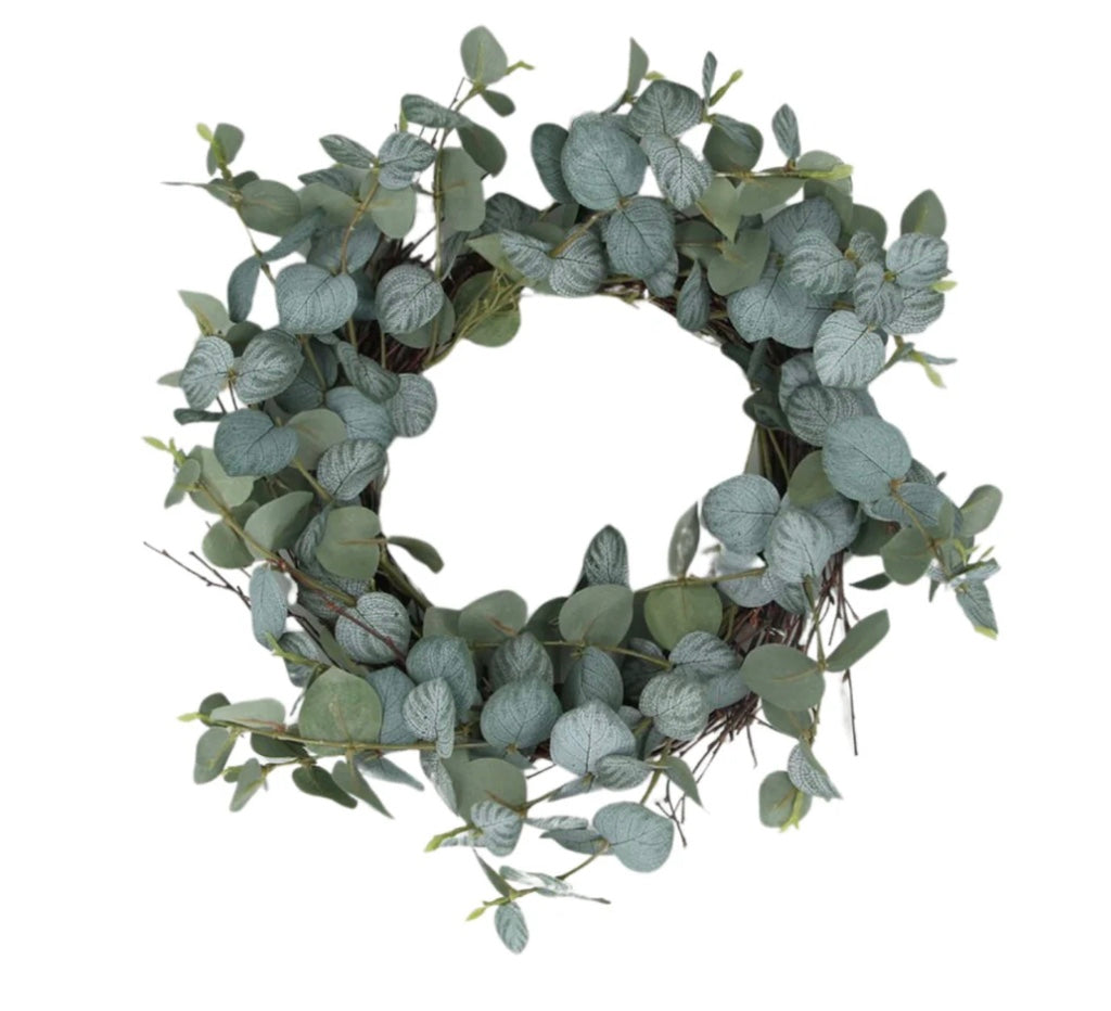 Gisela Graham Penny Eucalyptus Wreath with green eucalyptus leaves and natural accents for home decor.
