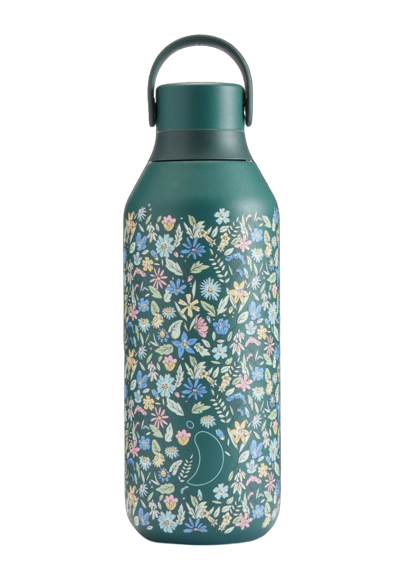 Chillys Series 2 Liberty 500ml summer sprigs reusable water bottle with floral design, featuring a screw-top lid and transparent body.