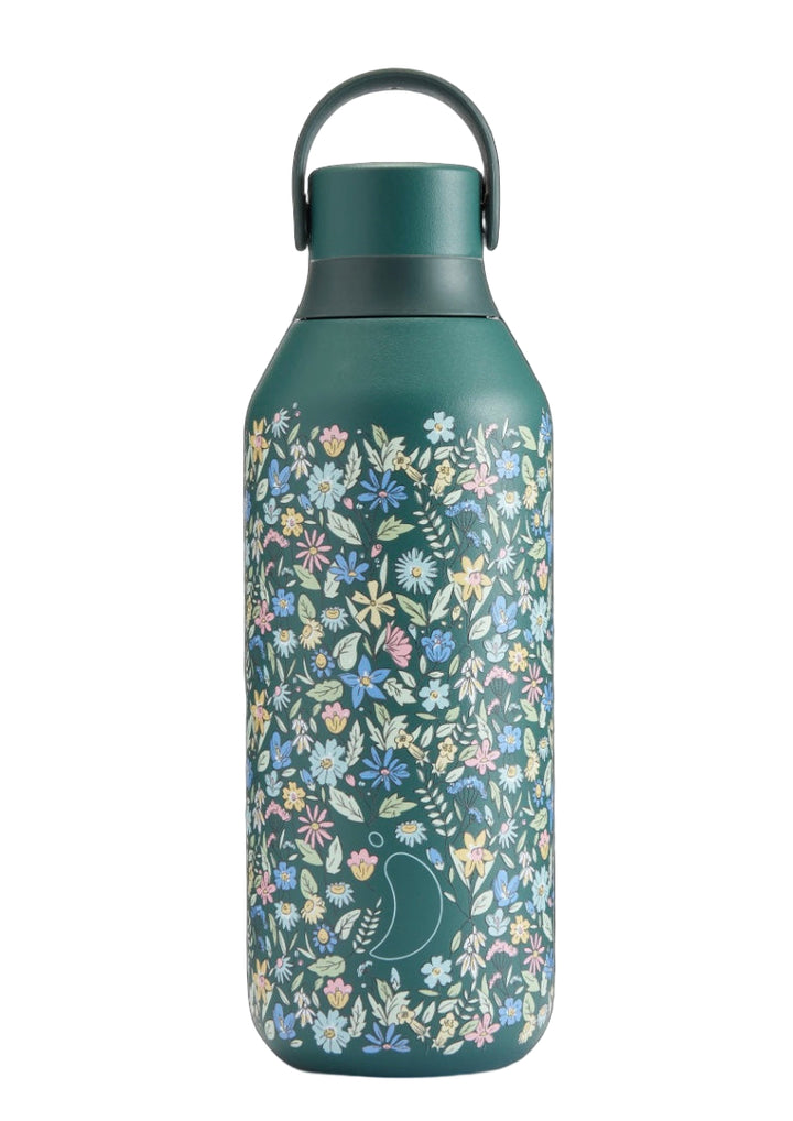 Chillys Series 2 Liberty 500ml summer sprigs reusable water bottle with floral design, featuring a screw-top lid and transparent body.