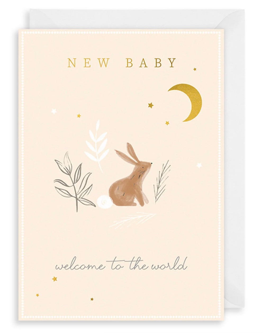 Cute welcome card featuring a baby bunny and moon design by The Art File for Cornucopia Home and Gift.
