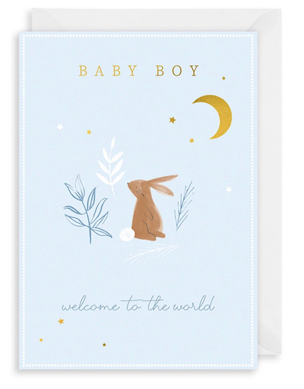 Welcoming baby boy with blue bunny and moon design on The Art File greeting card by Cornucopia Home and Gift.