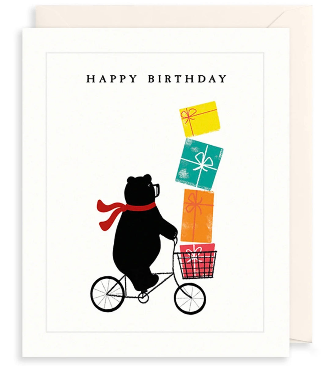 Happy birthday bear riding a bicycle greeting card by The Art File, featuring colorful birthday-themed illustration.