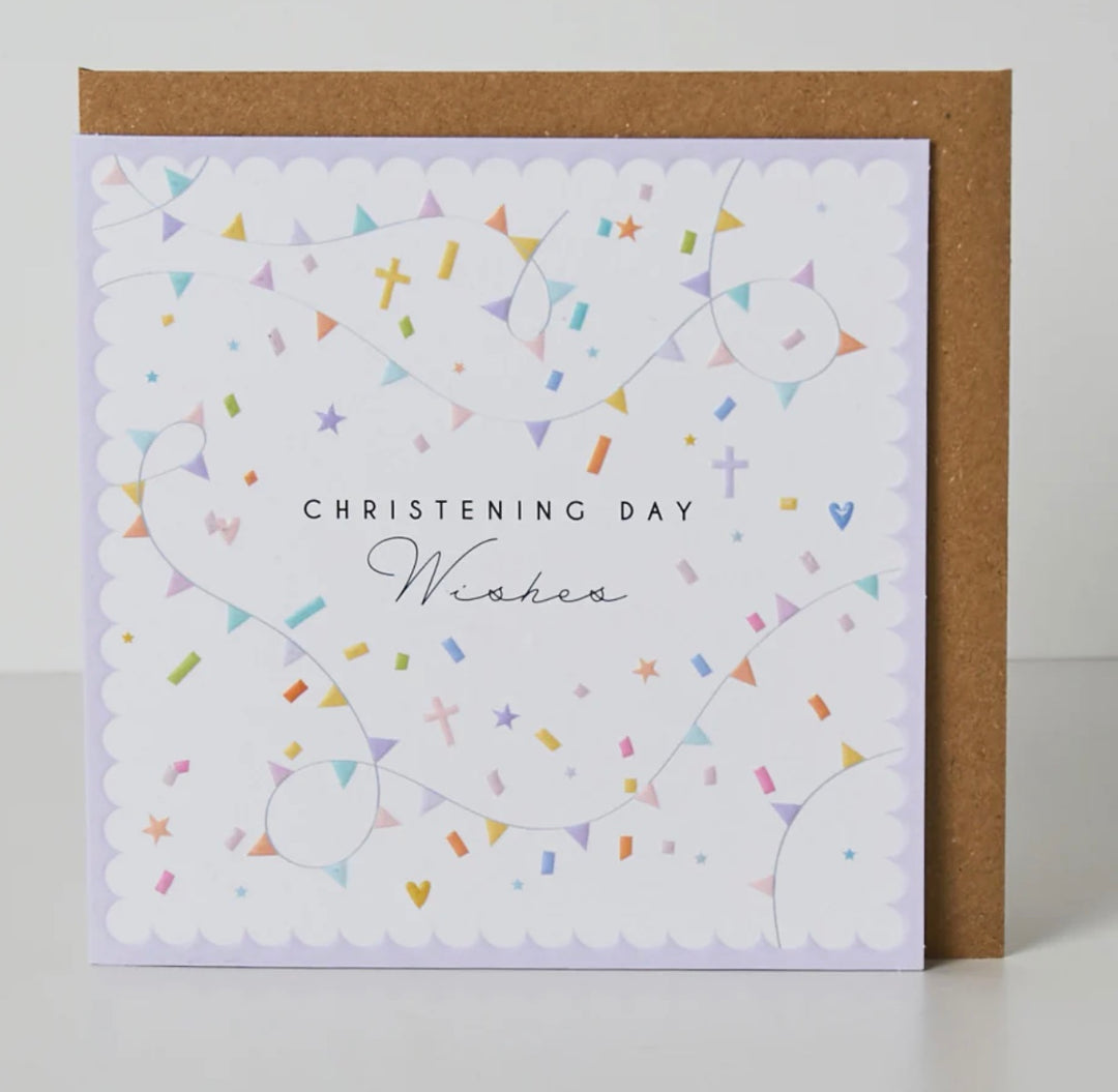 Belly button Christening Day Wishes card with bunting from Cornucopia Home and Gift's Ditsy Collection, featuring festive design and soft colors.