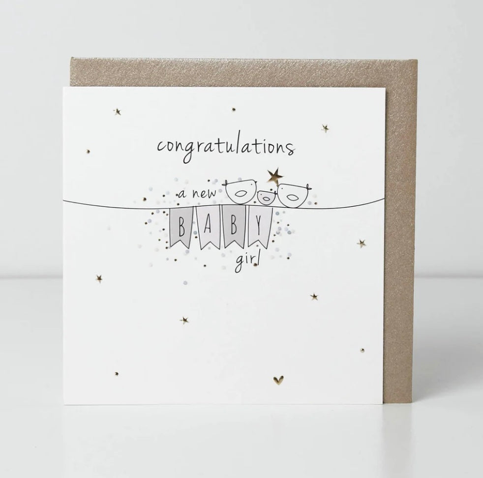 Baby girl belly button card from Cornucopia Home and Gift, featuring decorative design and soft pastel colors.