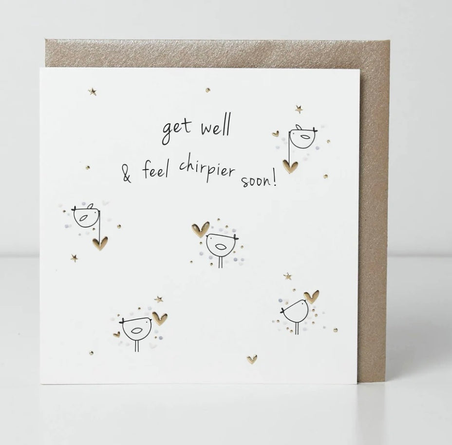 Belly button-shaped Get Well Birds card by Cornucopia Home and Gift with colorful bird illustrations and cheerful design