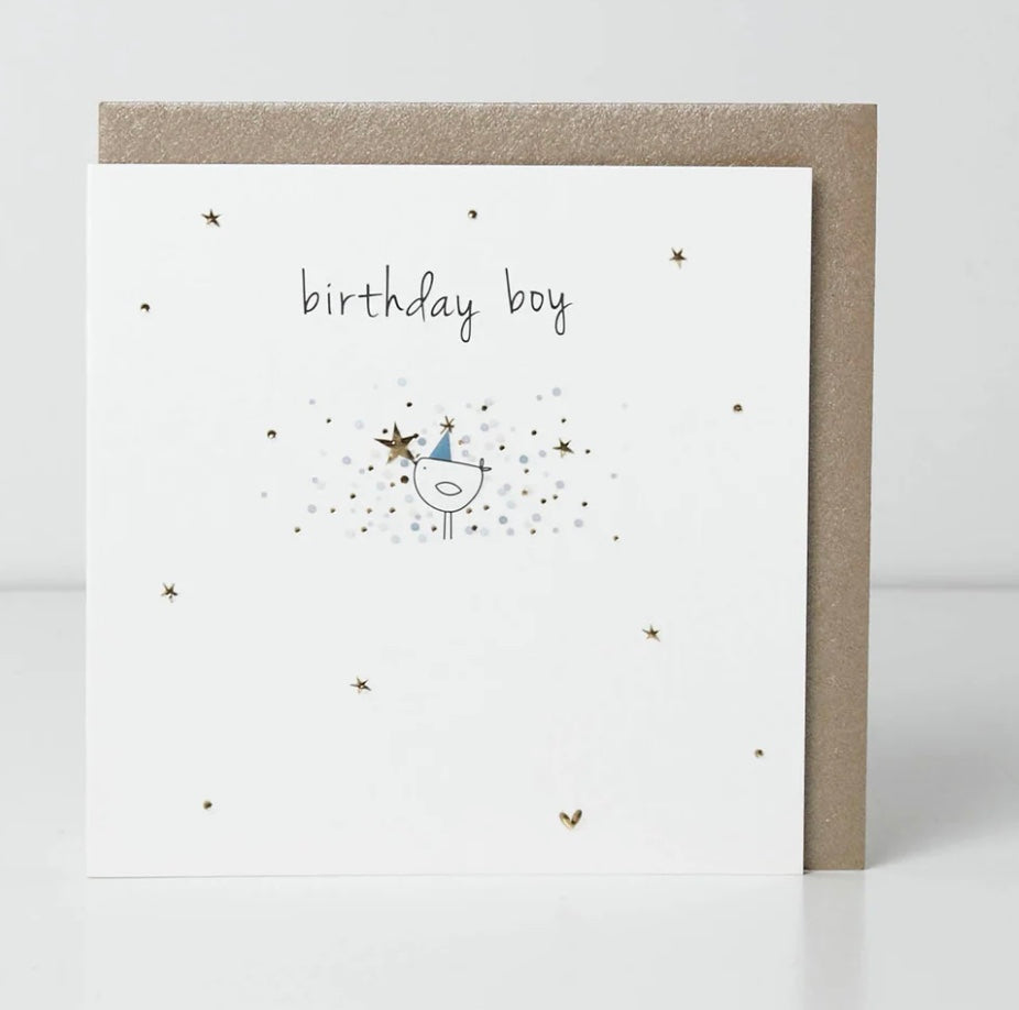 Birthday Boy Birdie Card, belly button-style greeting card featuring colorful bird design from Cornucopia Home and Gift.