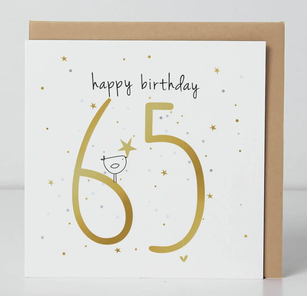Belly button 65th birthday birdie card with colorful bird design from Cornucopia Home and Gift