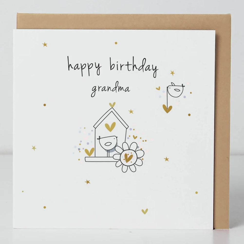 Belly button-shaped birthday card featuring a cheerful bird design for grandma from Cornucopia Home and Gift.