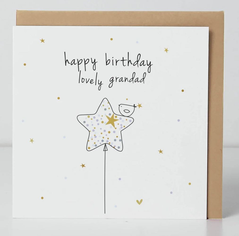 Belly button style birthday card featuring a cheerful bird with "Grandad" and "Happy Birthday" message, by Cornucopia Home and Gift.