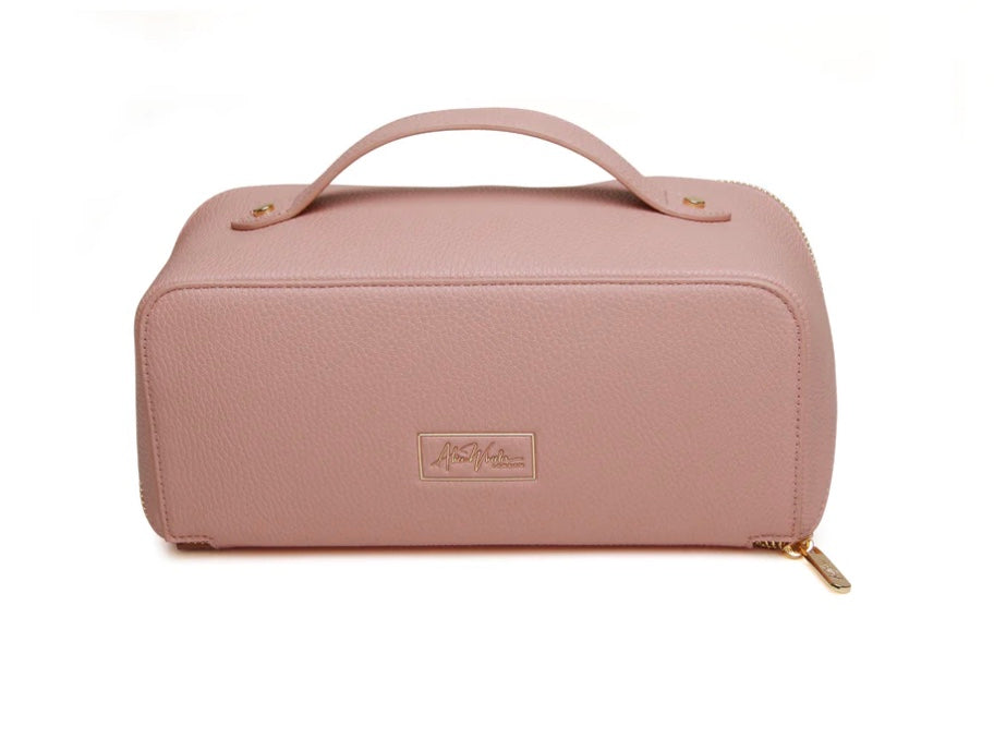 Pink Alice Wheeler mini train case with compact design and handle, perfect for travel or organization.