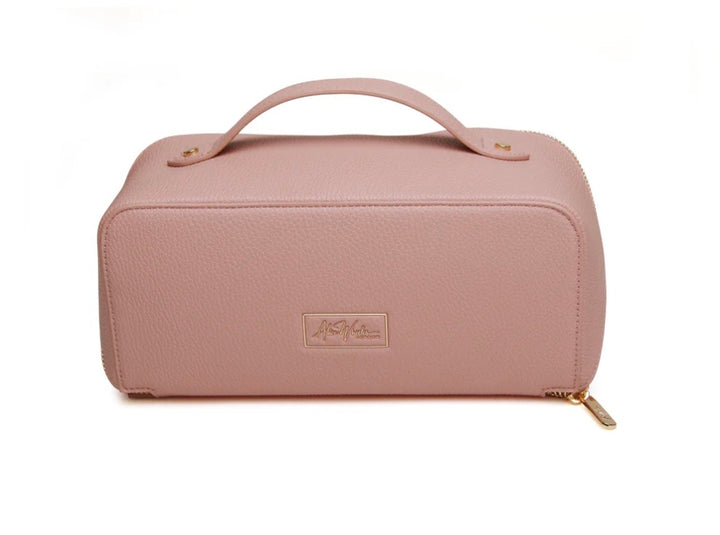 Pink Alice Wheeler mini train case with compact design and handle, perfect for travel or organization.