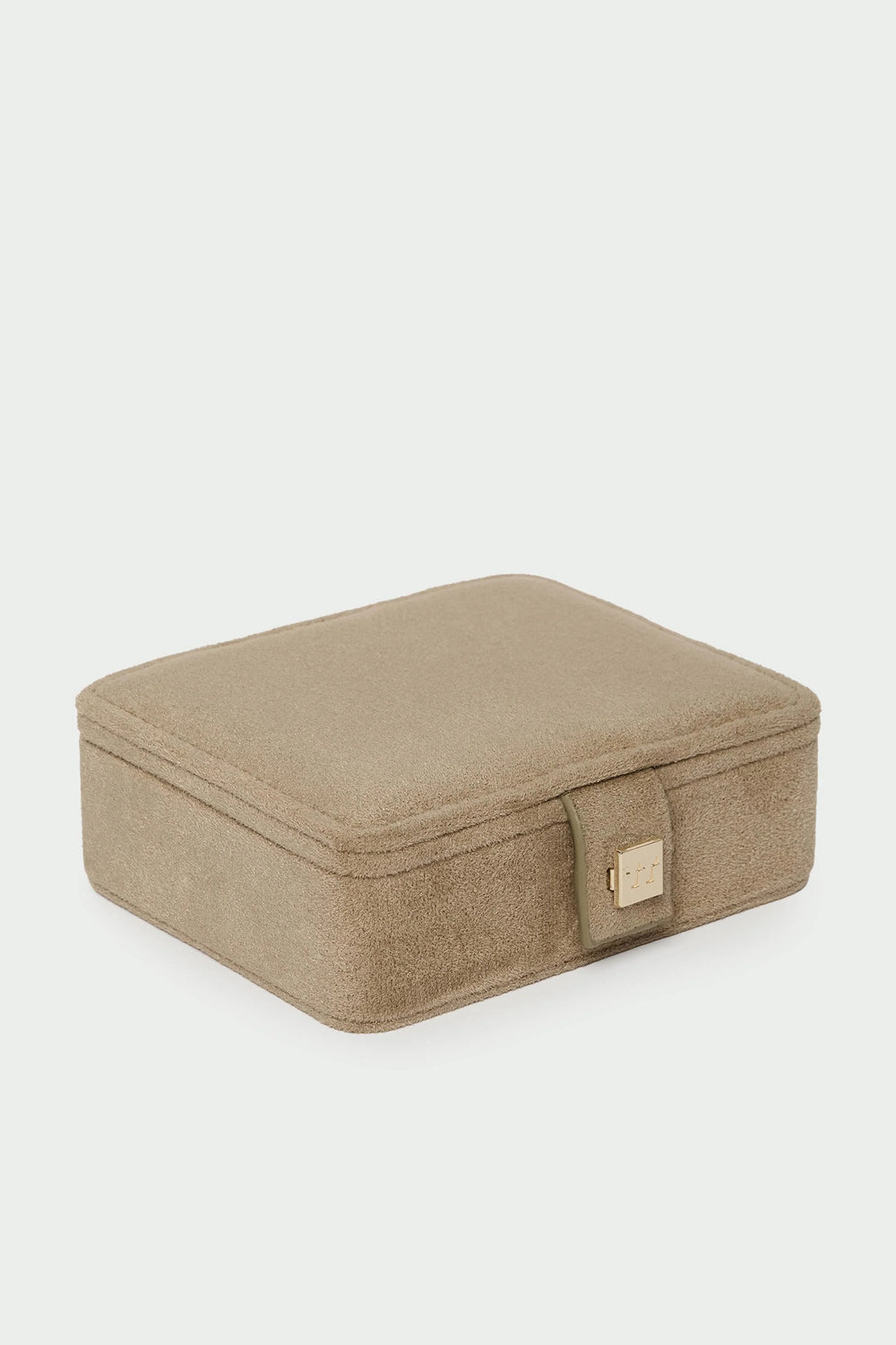 Small suede jewellery box in sand color by Tutti & Co, designed for storing rings and earrings, from Cornucopia Home and Gift.