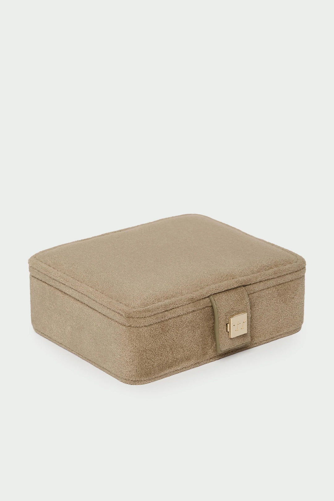 Small suede jewellery box in sand color by Tutti &amp; Co, designed for storing rings and earrings, from Cornucopia Home and Gift.