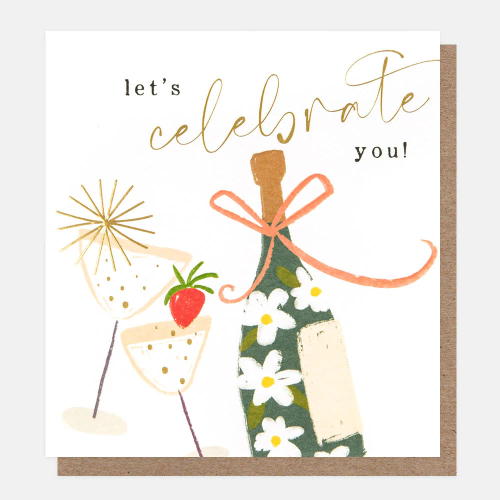 Celebrate Bottle & Glasses card by Caroline Gardner featuring colorful illustrations, perfect for special occasions.