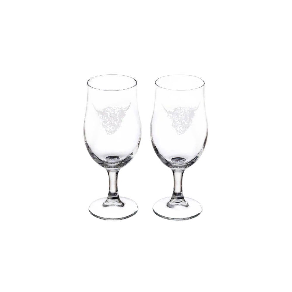 Two clear wine glasses with a logo on a white background