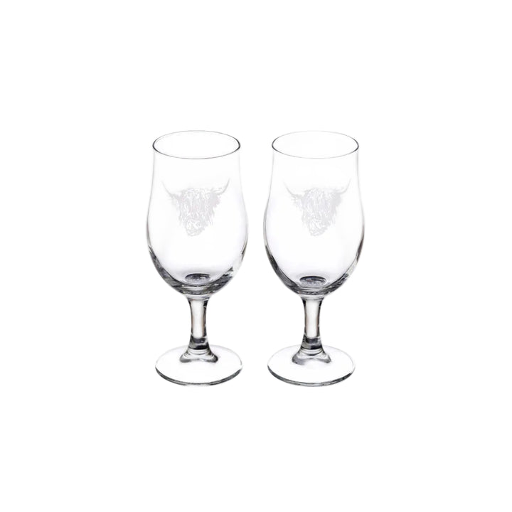 Two clear wine glasses with a logo on a white background