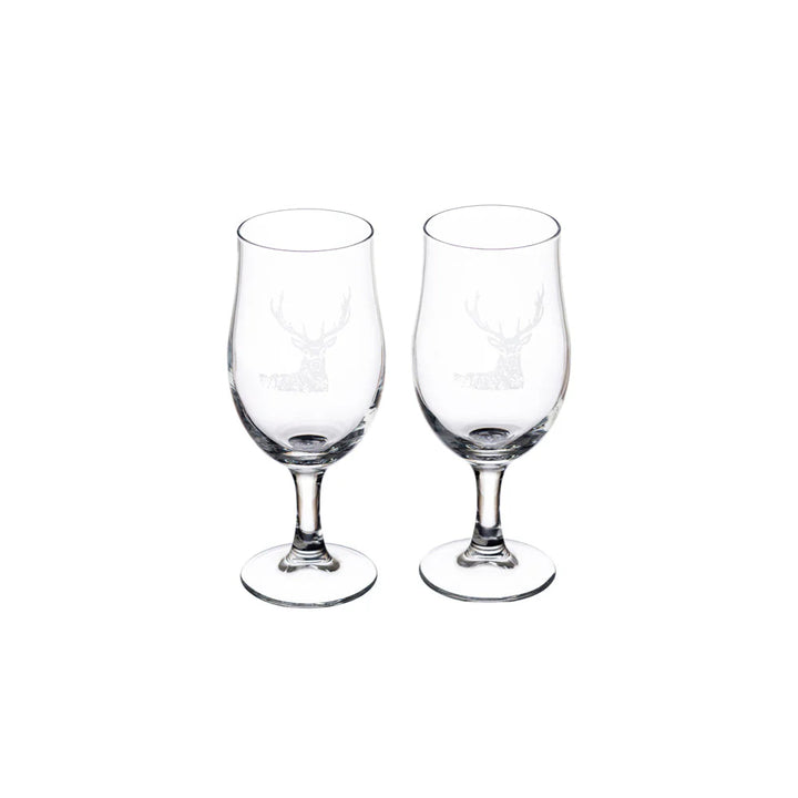 Set of 2 Selbrae House stag craft beer glasses with etched stag design, clear glass, and sturdy base for stylish beer serving.