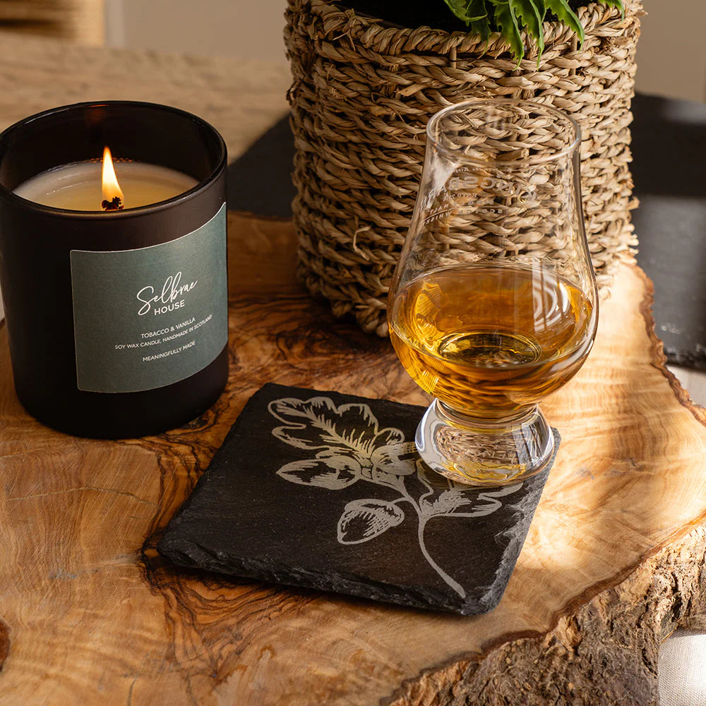Selbrae House single slate coaster featuring autumn acorns design, perfect for protecting surfaces and adding seasonal decor.