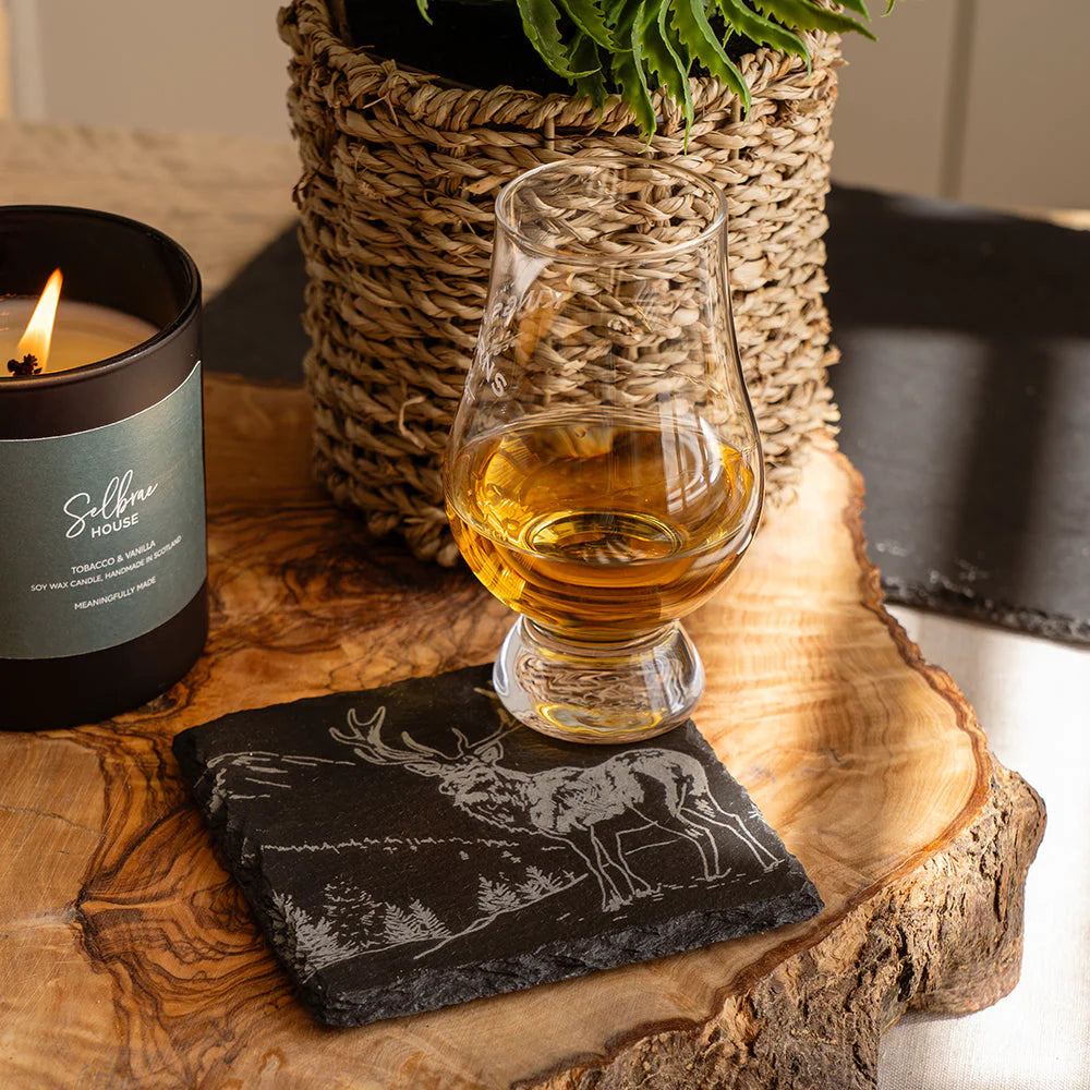 Selbrae House single slate coaster featuring a scenic stag design, made by Cornucopia Home and Gift.