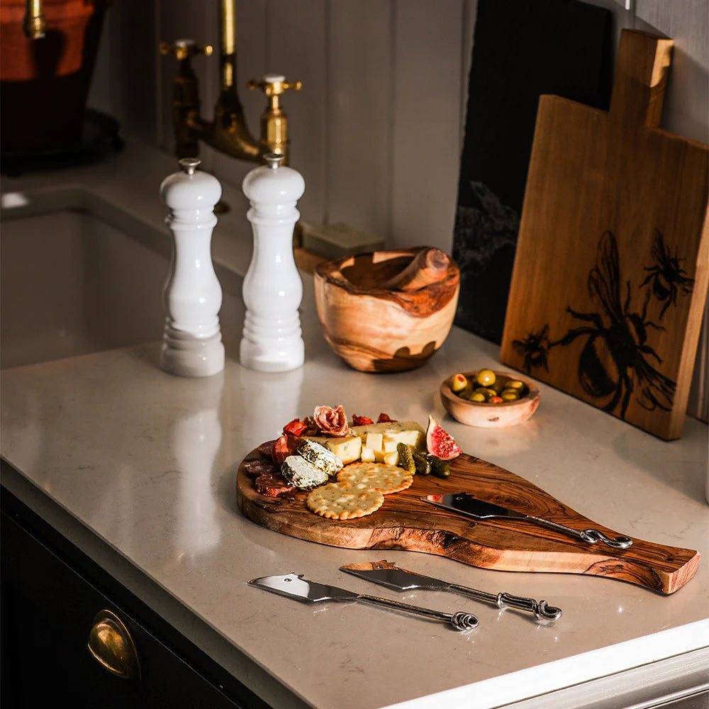 Set of three Selbrae House mouse-shaped cheese knives with stainless steel blades and colorful handles for cheese serving.
