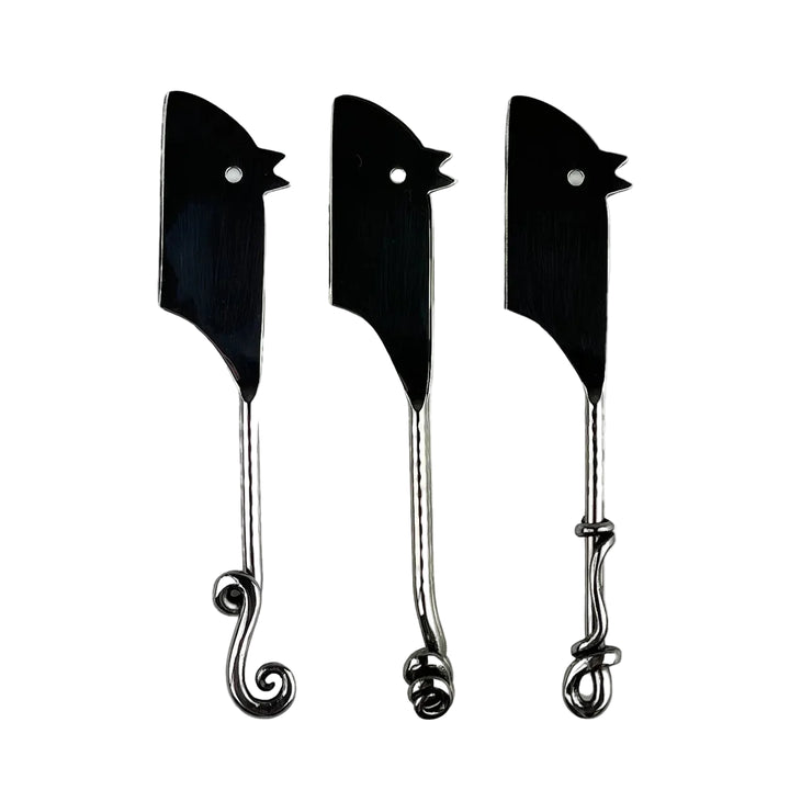 Set of three Selbrae House mouse-shaped cheese knives by Cornucopia Home and Gift, featuring detailed mouse handles for cheese serving.