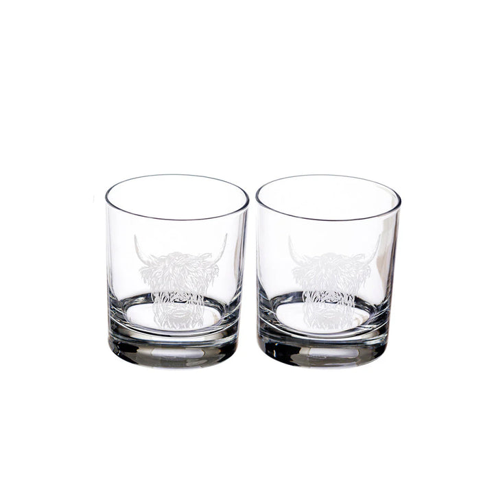 Set of 2 Highland Cow glass tumblers by Selbrae House featuring detailed Highland Cow illustration, perfect for rustic drinkware.
