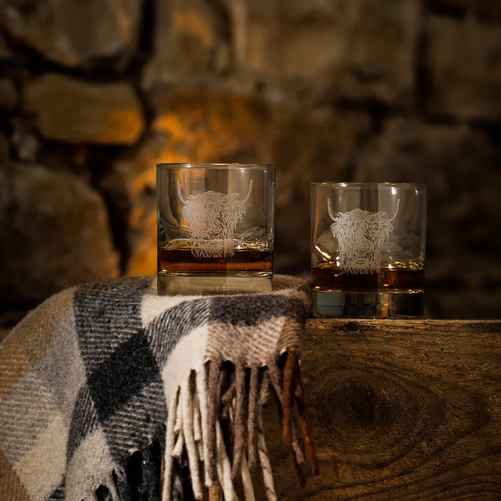 Set of 2 Highland Cow glass tumblers by Selbrae House, featuring detailed Highland Cow designs on clear glass.