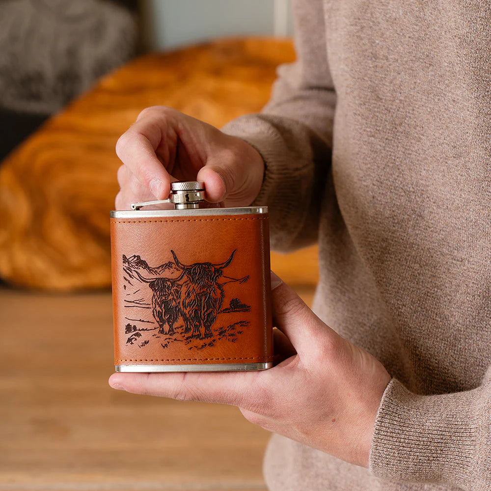 Selbrae House Leather Hip Flask - Scenic Highland Stag