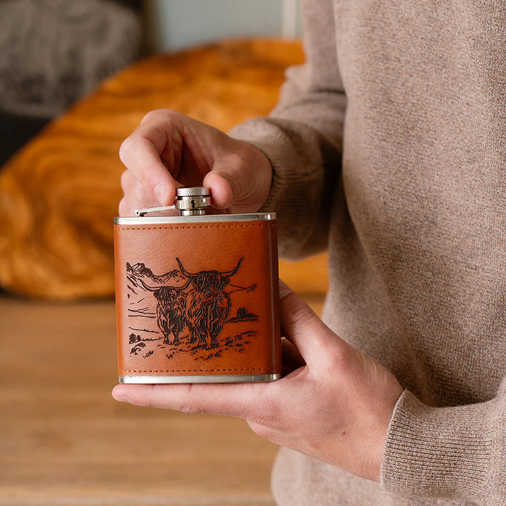 Selbrae House Leather Hip Flask - Scenic Highland Stag