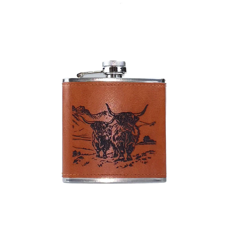 Selbrae House Leather Hip Flask - Scenic Highland Stag