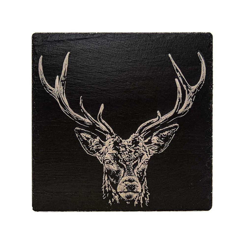 Selbrae House Stag Prince slate pot stand with engraved stag design, perfect for supporting hot cookware on your table.